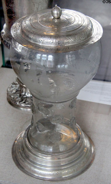 Large Römer glass goblet with pewter mounts(1692) inscribed with Admiralty coat-of-arms & convoy ship at Hamburg History Museum. Hamburg, Germany.