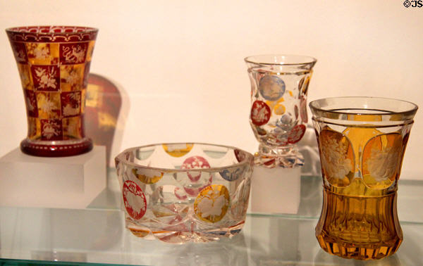 Glass beakers with engravings into colored layers (mid 19thC) at Hamburg History Museum. Hamburg, Germany.