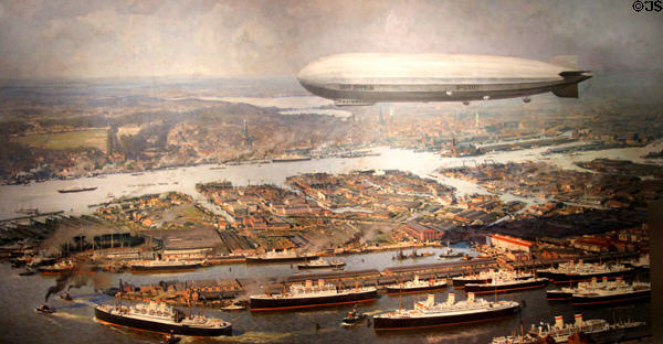 Graf Zeppelin over port of Hamburg painting (1931) by Erich Kips at Hamburg History Museum. Hamburg, Germany.