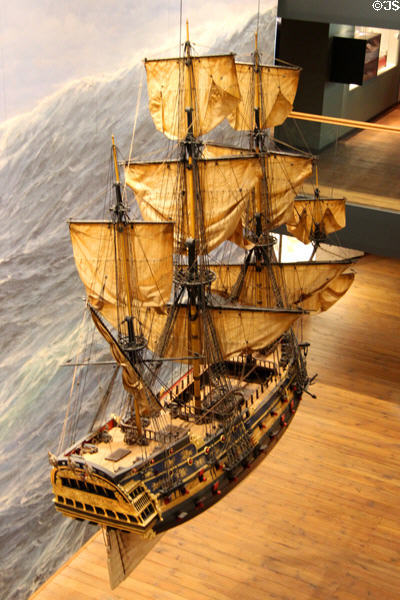Model of sailing ship at full rigging at International Maritime Museum. Hamburg, Germany.