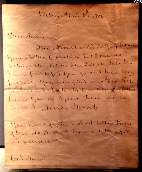 Letter from Horatio Nelson to Captain Staines dated April 6, 1805 written on board his ship "Victory" at International Maritime Museum. Hamburg, Germany.