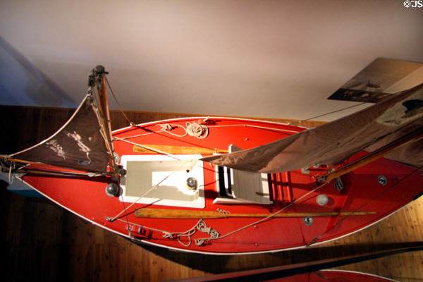 Replica (2000) of small sailing ship, James Caird, used by Ernest Shackleton & five companions as part of rescue his crew stranded on Elephant Island during the Imperial Trans-Antarctic Expedition (1914-7) at International Maritime Museum. Hamburg, Germany.