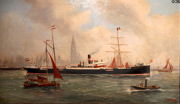 Steamer "Marxburg" on Schelde River off Antwerp painting (1897) by John Henry Mohrman at International Maritime Museum. Hamburg, Germany.