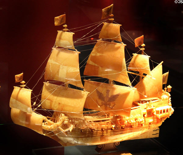 Friedrich III,1693 ship model of natural amber with gold wire rigging made by Alfred Schlegge at International Maritime Museum. Hamburg, Germany.