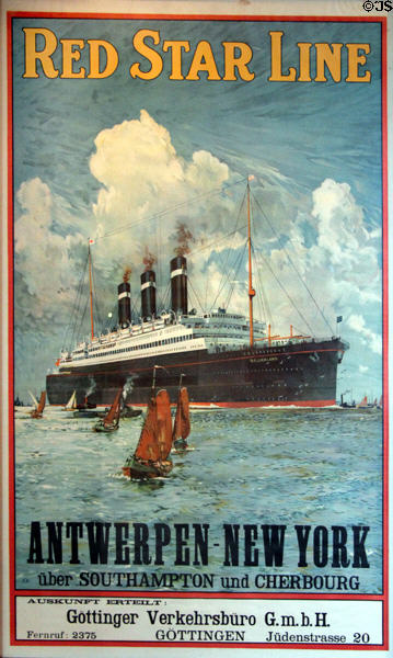 Poster of Red Star line Antwerp to New York steamship service at International Maritime Museum. Hamburg, Germany.