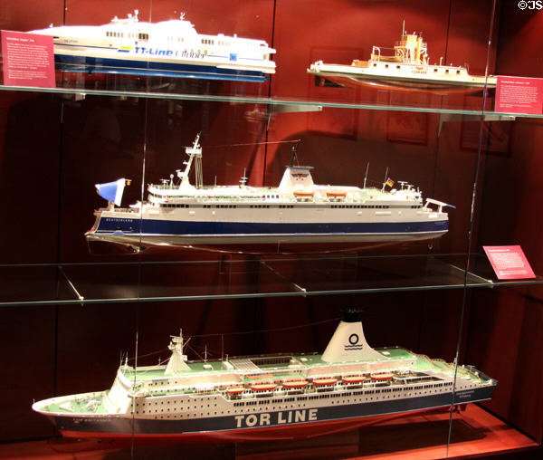 Models of 20thC passenger & rail ferries at International Maritime Museum. Hamburg, Germany.