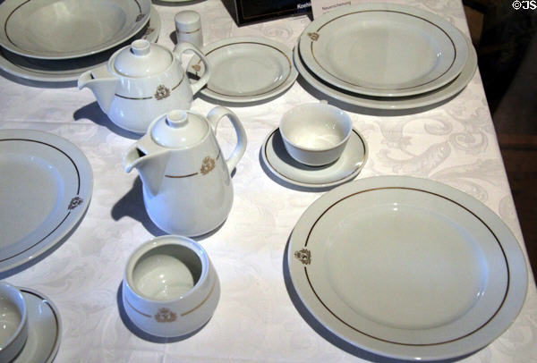 Table service (2004) of Queen Mary II, Cunard line at International Maritime Museum. Hamburg, Germany.