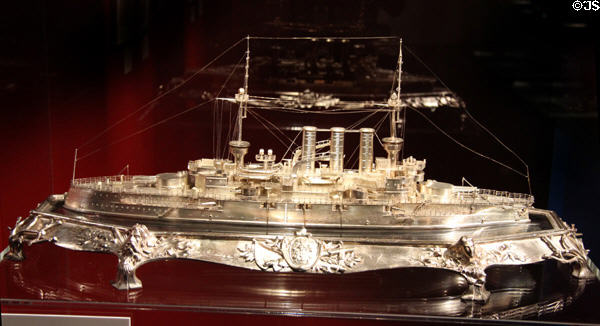 Silver ship table center piece used on ship of German Imperial Navy at International Maritime Museum. Hamburg, Germany.