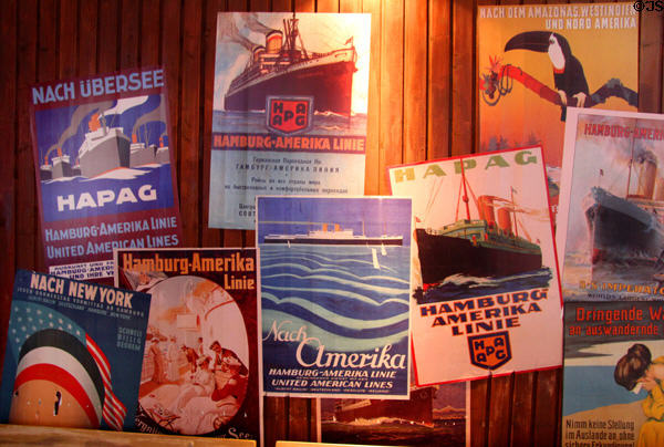 Posters (early 20thC) for passenger ships sailing to America at Emigration Museum BallinStadt. Hamburg, Germany.