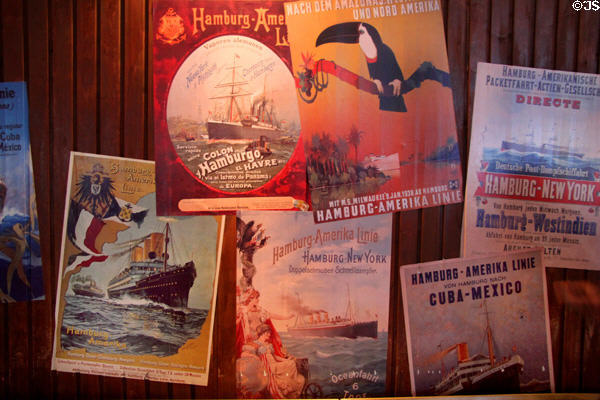 Posters (early 20thC) for sailing ships traveling to the U.S., Cuba & Mexico at Emigration Museum BallinStadt. Hamburg, Germany.