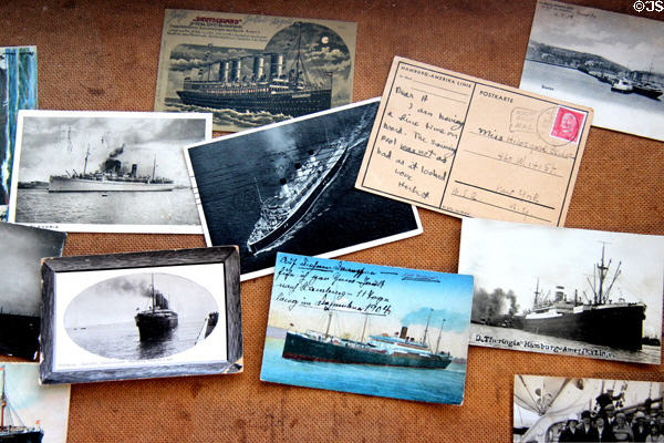 Ship postcards at Emigration Museum BallinStadt. Hamburg, Germany.