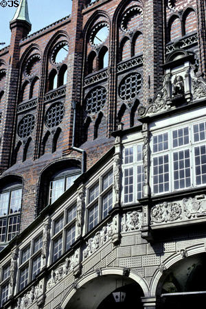 Gothic detail of City Hall (1250) with outside Renaissance staircase. Lübeck, Germany.