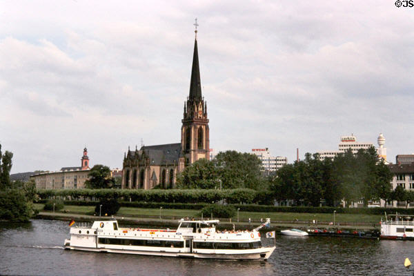 Dreikönig (Three Kings) Lutheran Church (1875-80) as seen from opposite side of Main River. Frankfurt am Main, Germany. Style: Gothic Revival. Architect: Franz Joseph Denzinger.