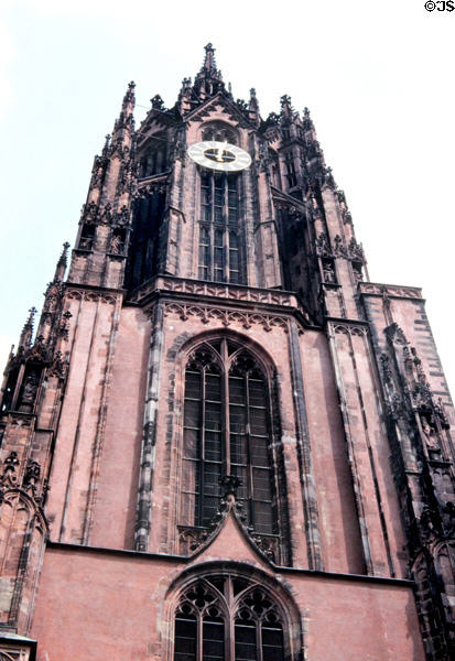 Frankfurt Cathedral tower (aka Dom) (completed 1550, restored 1990's after WWII bombing). Frankfurt am Main, Germany. Style: Gothic.