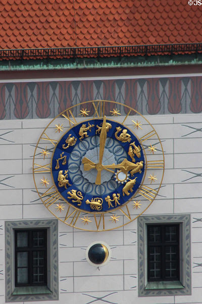 Clock face with Zodiac symbols on tower of Altes Rathaus. Munich, Germany.