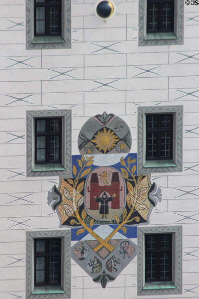 Mural including little monk of Munich on tower of Altes Rathaus. Munich, Germany.