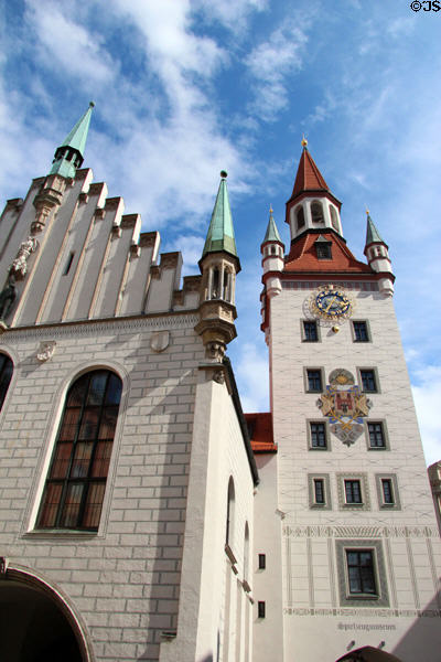 Late-Gothic facade & clock tower which was former Talburg Gate (Talburgtor) of first city wall now the Altes Rathaus. Munich, Germany.