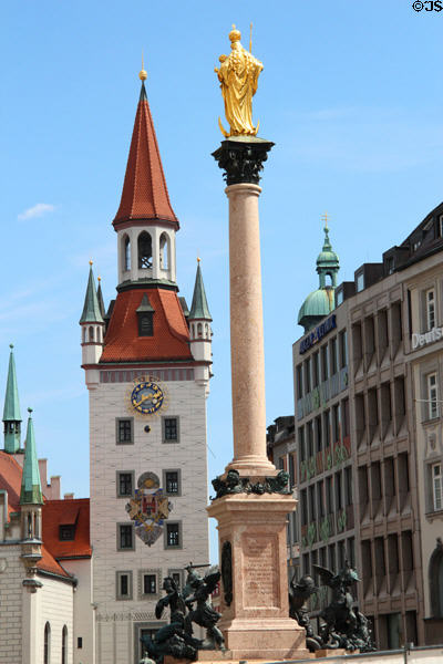 Talburg Gate of Altes Rathaus & Marien column (1638) on Marienplatz. Munich, Germany.