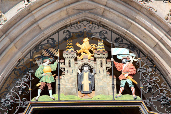 Little Monk city coat of arms on Neues Rathaus. Munich, Germany.