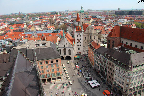 View to east from Neues Rathaus Tower over Old City Hall. Munich, Germany.