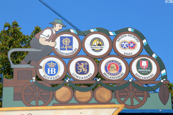 Beer wagon with Munich brewery brands on pole of German Beer Purity Law at Viktualienmarkt. Munich, Germany.