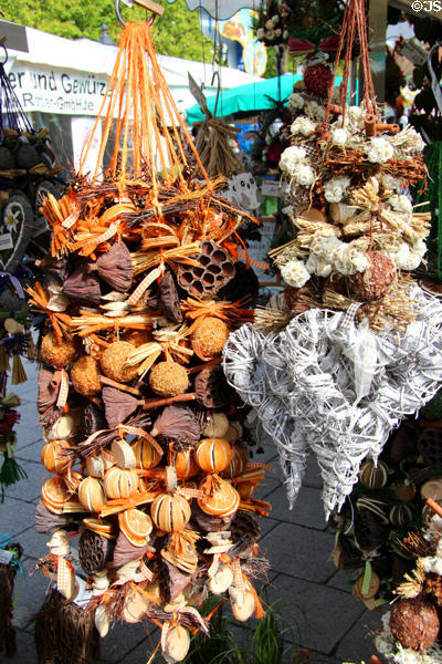 Pot pourris hangings at Viktualienmarkt. Munich, Germany.