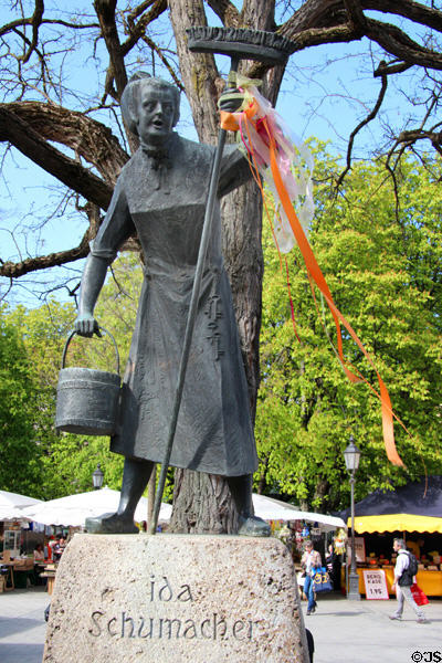 Statue commemorates market sweeper Ida Schumacher at Viktualienmarkt. Munich, Germany.