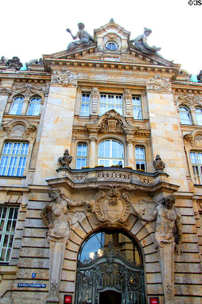 Portal of Bayerische-Hypotheken und Wechselbank heritage building at Kardinal-Faulhaber-Straße 10. Munich, Germany.