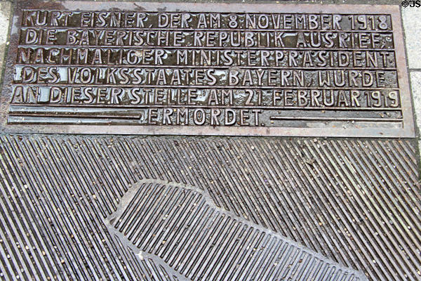 Inscription marking site of assassination of Kurt Eisner, founder of Bavarian Republic after German defeat in WWI. Munich, Germany.