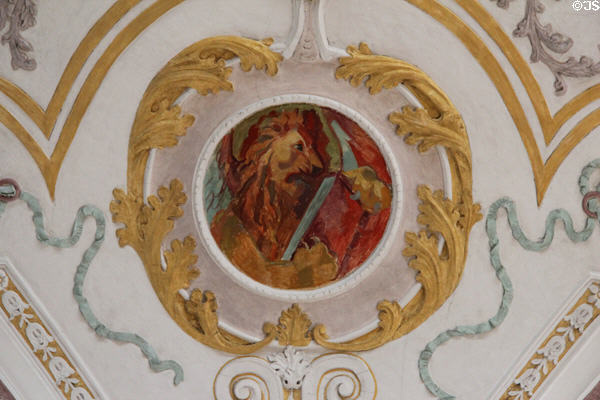 Evangelist St. Mark lion symbol on ceiling painting at Bürgersaal kirche. Munich, Germany.