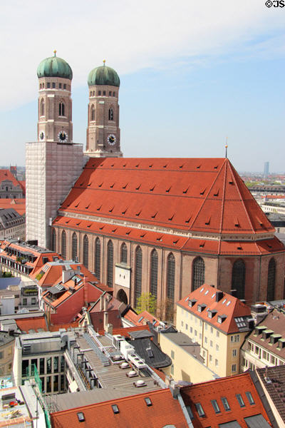 Frauenkirche cathedral (1468-88 atop 12thC predecessor) with Renaissance domes (1524). Munich, Germany. Style: Gothic. Architect: Jörg von Halsbach.