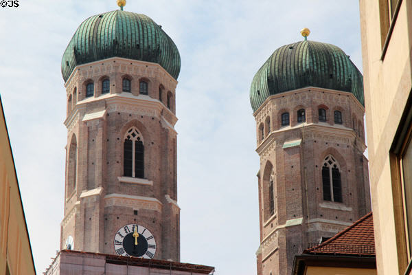 Renaissance domes (1524) on octagonal Gothic towers (1488) of Frauenkirche. Munich, Germany.