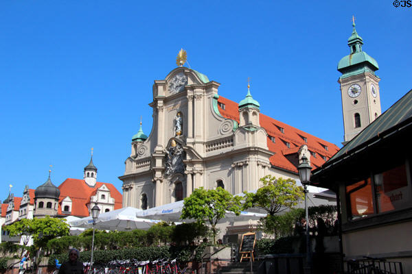 Neo-Baroque entry facade of Heilig-Geist-Kirche. Munich, Germany.