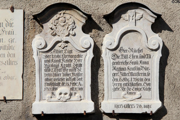 Tombstones (1751 & 1769) affixed to exterior of Peterskirche. Munich, Germany.