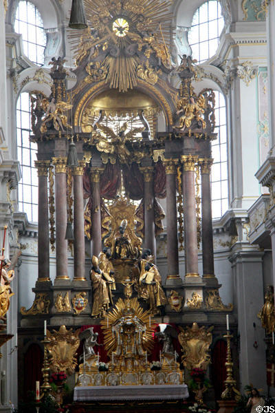 High altar of St Peter (1746) by Stuber & Egid Qurin Asam modeled after Bernini's design for St Peter's Basilica, Rome at Peterskirche. Munich, Germany.