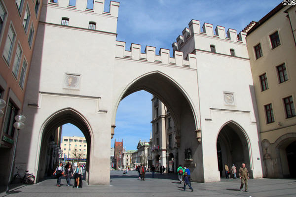 Karlstor evolved from NeoGothic replacement (1861) for Medieval gate on site since 1200s at western end of Neuhauser Straße. Munich, Germany.
