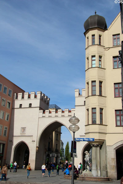 Karlstor gate at end of Neuhauser Straße pedestrian zone. Munich, Germany.