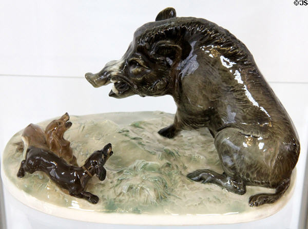 Wild boar with dogs figurine (1939) by Helmut Diller for Hutschenreuther at German Hunting & Fishing Museum. Munich, Germany.