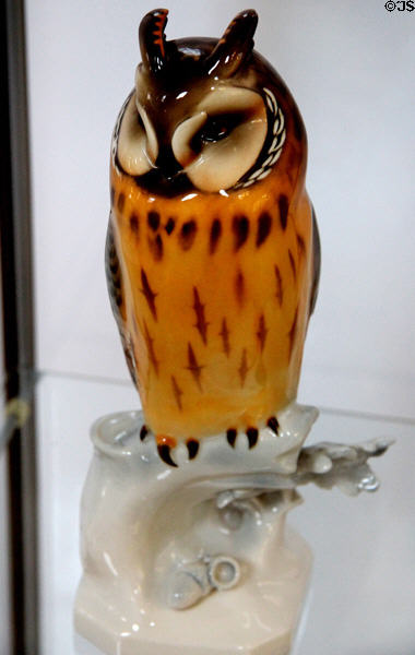 Long-eared owl on base figurine (1937-8) by Wilhelm Neuhäuser for Allach Porzellan at German Hunting & Fishing Museum. Munich, Germany.