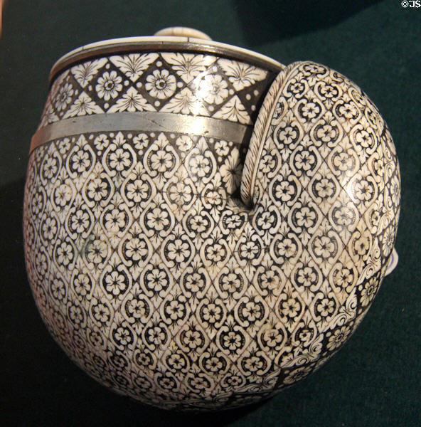 Persian powder flask (c1800) decorated with inlaid ivory at German Hunting & Fishing Museum. Munich, Germany.