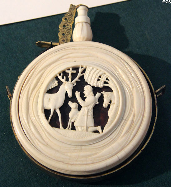 German powder flask (17thC) of ivory carved scene of St Eustace, patron saint of hunters, at German Hunting & Fishing Museum. Munich, Germany.