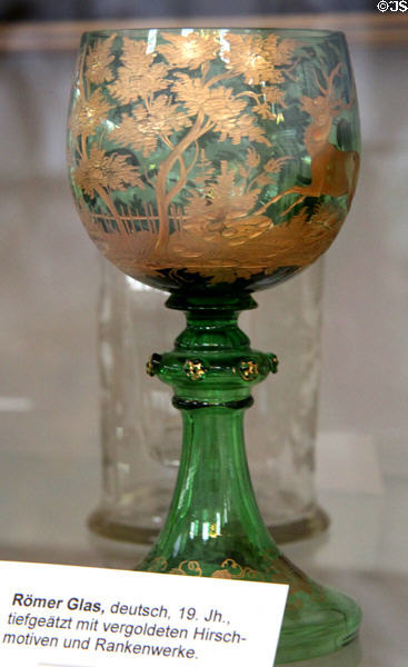 German Römer wine glass with deep-etched gilded stag motif (19thC) at German Hunting & Fishing Museum. Munich, Germany.