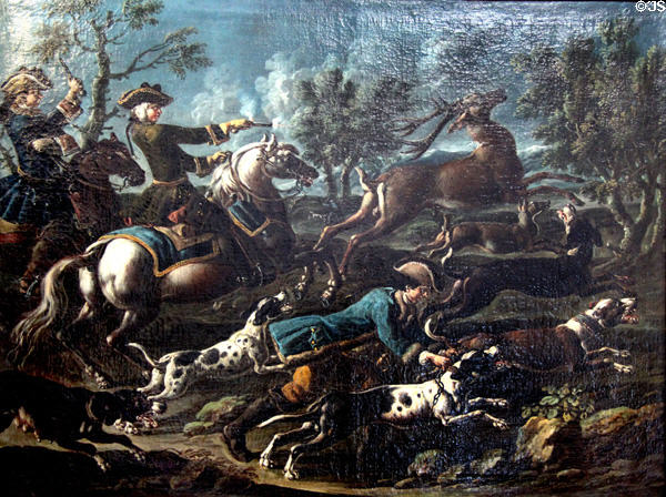 Deer hunt on horseback with pistols painting (c1740) by unknown at German Hunting & Fishing Museum. Munich, Germany.