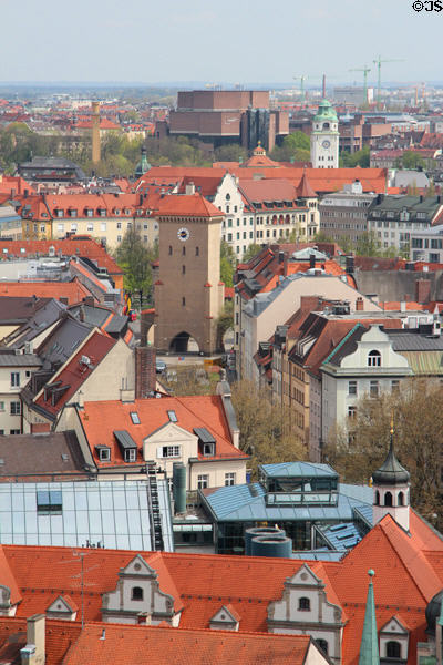 Munchen viewed to east from Rathaus tower with Isartor in center. Munich, Germany.