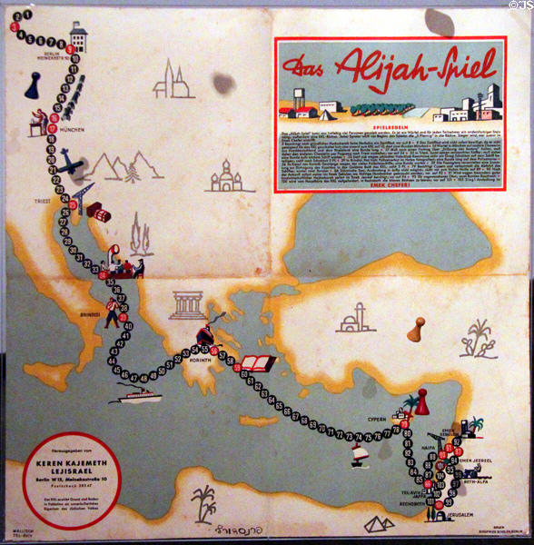 Aliyah Board Game 1935 designed to familiarize players with emigration route from Germany to Palestine at Jewish Museum Munich. Munich, Germany.
