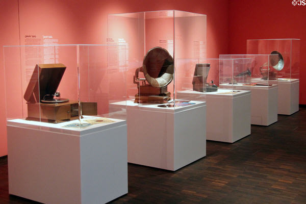 Phonographs in history of Jewish music & records collection at Jewish Museum Munich. Munich, Germany.