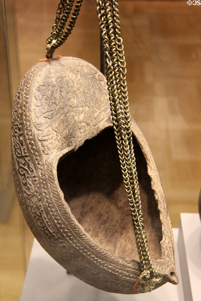 Muslim engraved bettelnut bowl (19thC) from Iran at Five Continents Museum. Munich, Germany.