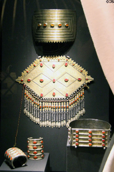 Turkmenistan / Turkoman Tekke tribal jewelry pieces for neck, breast, arms at Five Continents Museum. Munich, Germany.