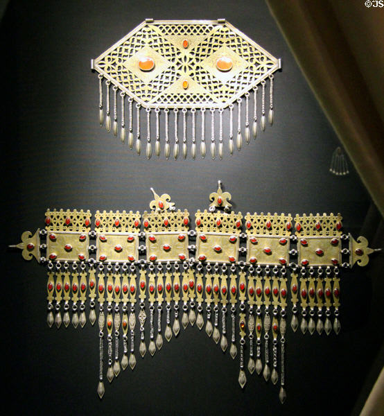 Turkmenistan / Turkoman Tekke tribal jewelry at Five Continents Museum. Munich, Germany.