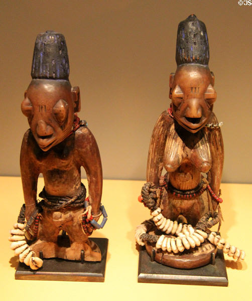 Ibedji twin figure wood carvings (early 20thC) from Yoruba culture of Nigeria at Five Continents Museum. Munich, Germany.